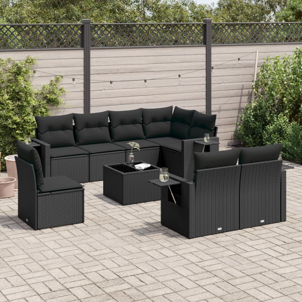 vidaXL 9 Piece Garden Sofa Set with Cushions Black Poly Rattan