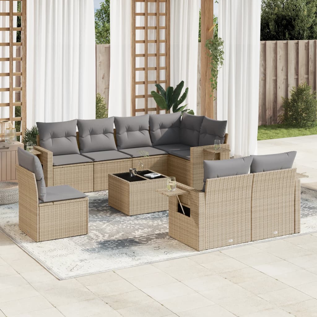 vidaXL 9 Piece Garden Sofa Set with Cushions Beige Poly Rattan