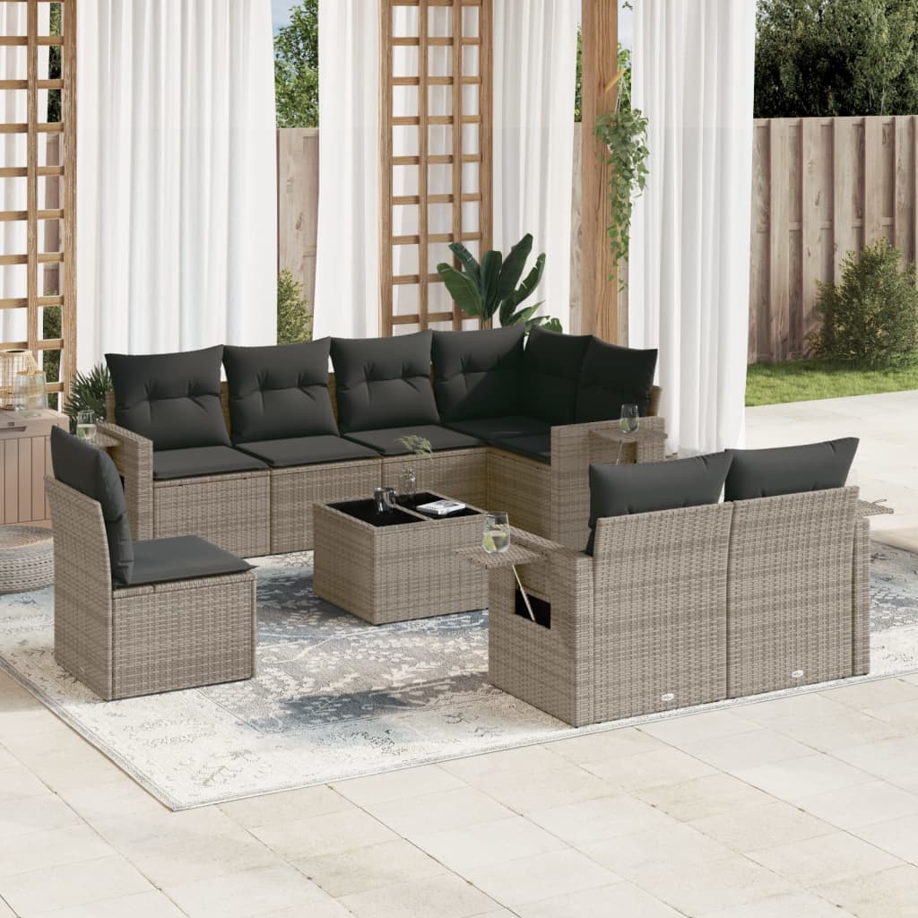 vidaXL 9 Piece Garden Sofa Set with Cushions Grey Poly Rattan