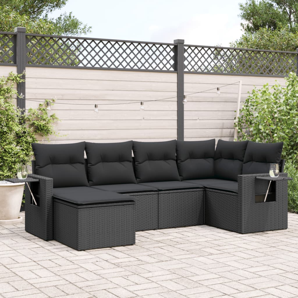 vidaXL 6 Piece Garden Sofa Set with Cushions Black Poly Rattan