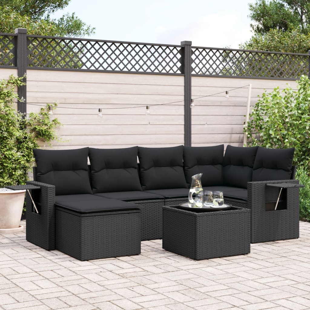 vidaXL 7 Piece Garden Sofa Set with Cushions Black Poly Rattan