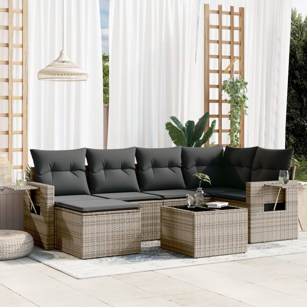 vidaXL 7 Piece Garden Sofa Set with Cushions Grey Poly Rattan