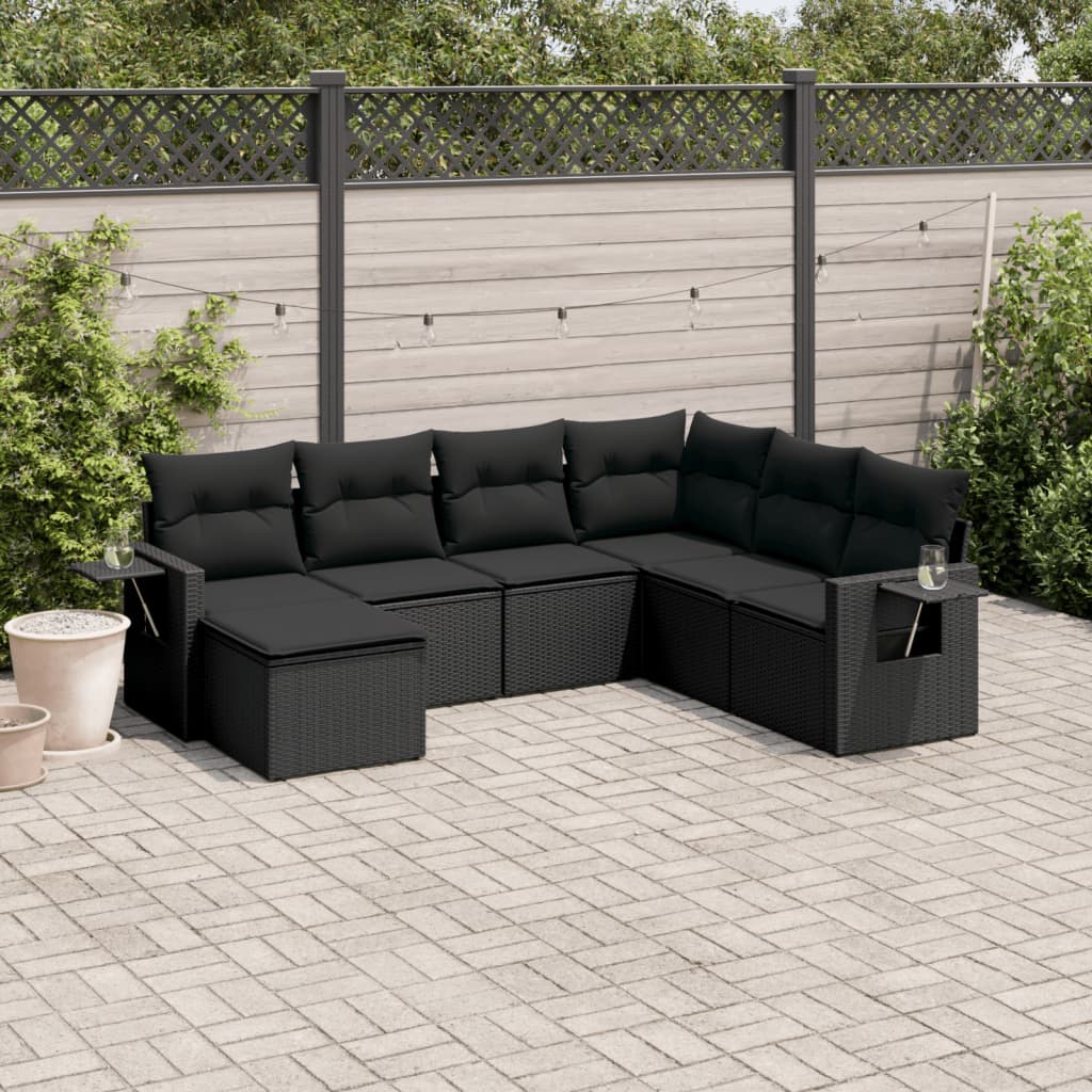 vidaXL 7 Piece Garden Sofa Set with Cushions Black Poly Rattan