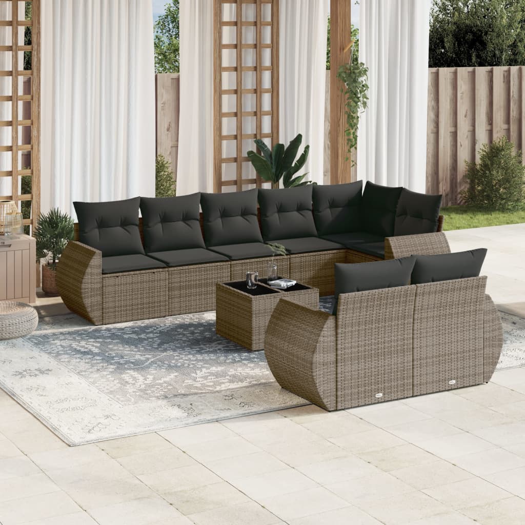 8721102329425_m_en_hd_1 vidaXL 9 Piece Garden Sofa Set with Cushions Grey Poly Rattan - Image 1