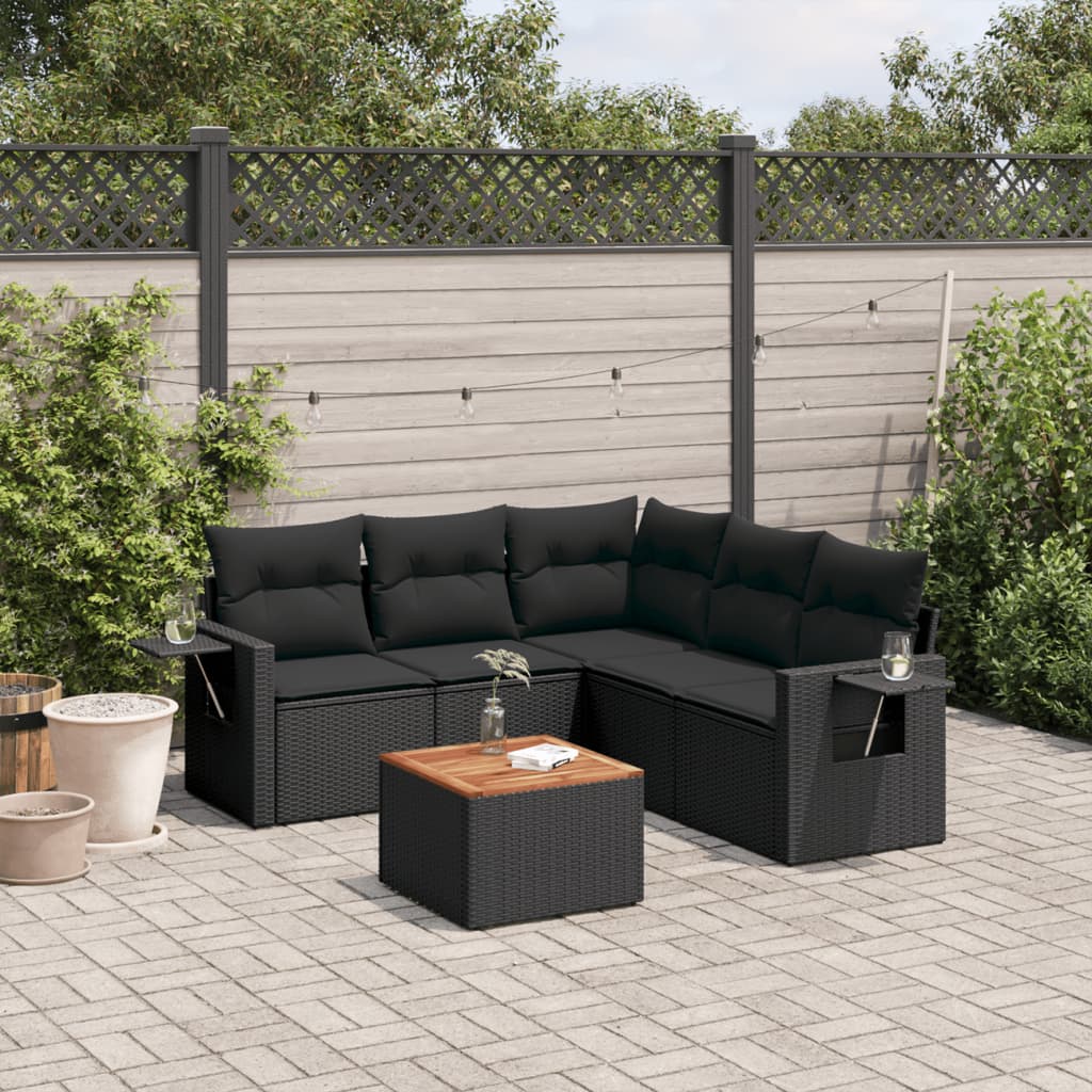 vidaXL 6 Piece Garden Sofa Set with Cushions Black Poly Rattan