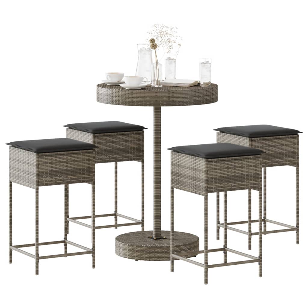 vidaXL 5 Piece Garden Bar Set with Cushions Grey Poly Rattan
