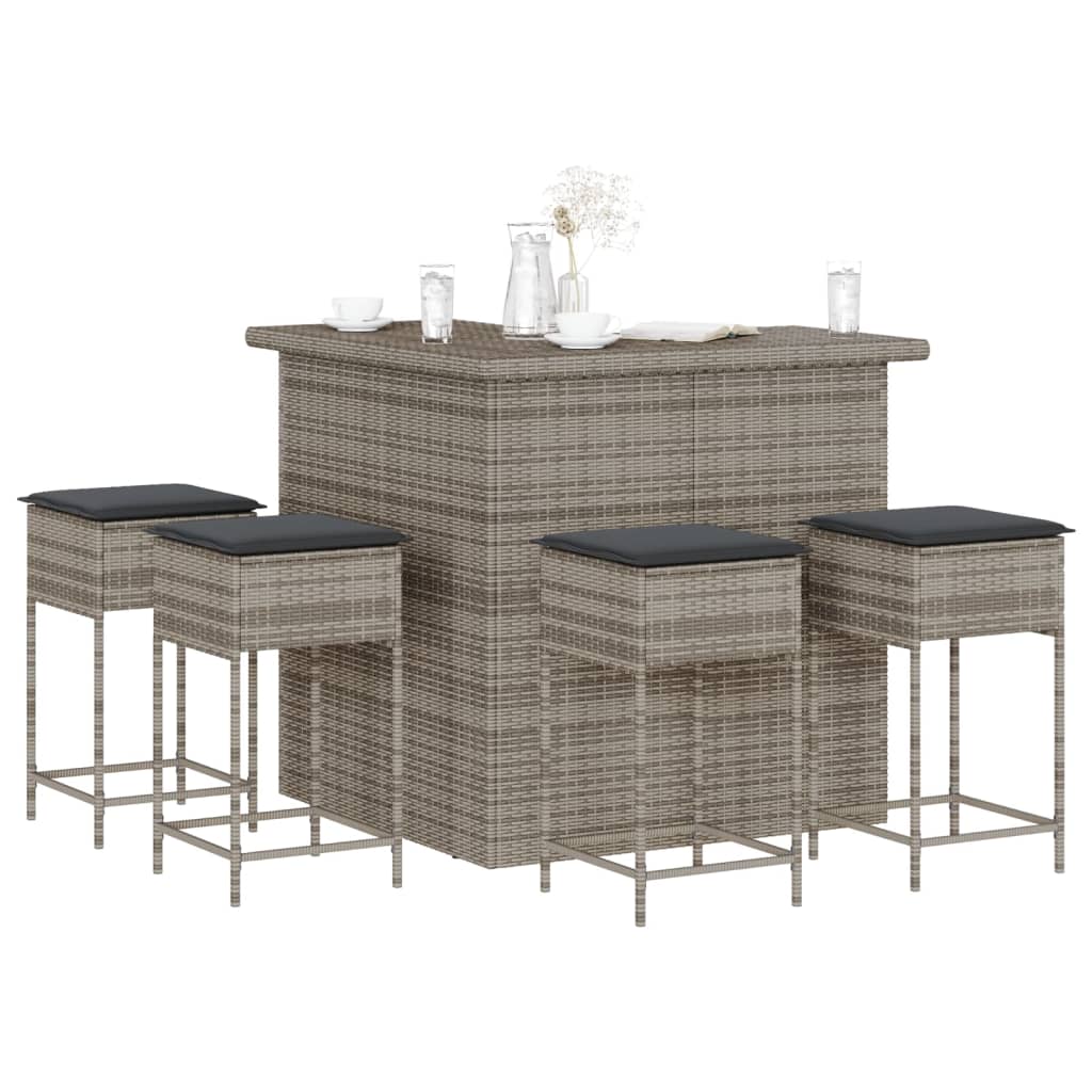 vidaXL 5 Piece Garden Bar Set with Cushions Grey Poly Rattan