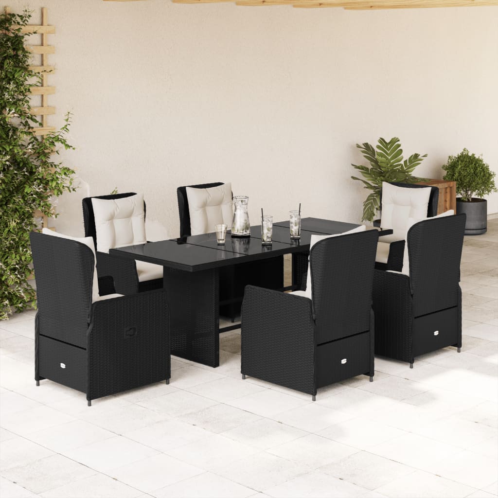 vidaXL 7 Piece Garden Dining Set with Cushions Black Poly Rattan
