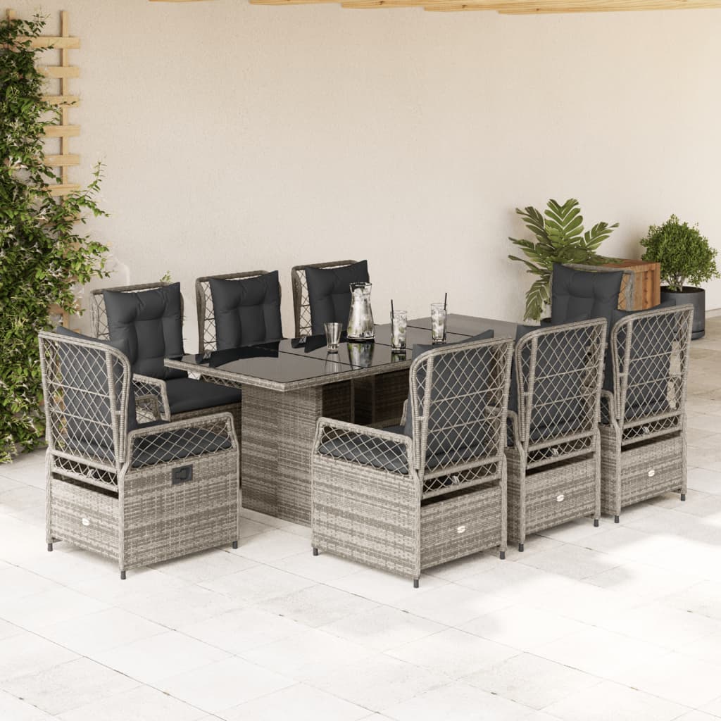 vidaXL 9 Piece Garden Dining Set with Cushions Grey Poly Rattan