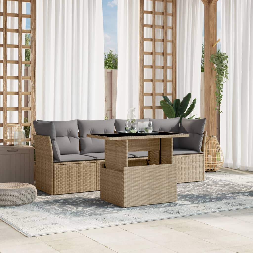 vidaXL 5 Piece Garden Sofa Set with Cushions Beige Poly Rattan