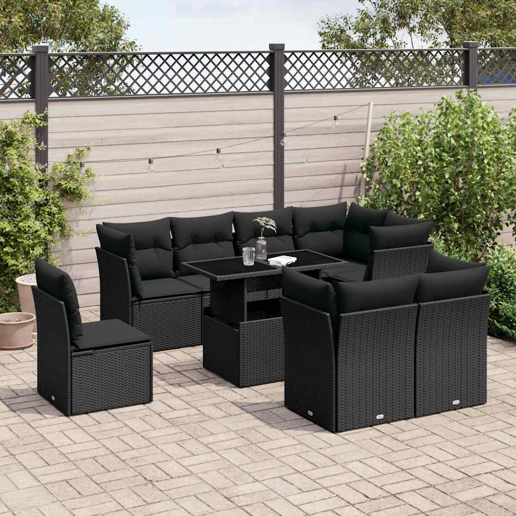 8721102398582_m_en_hd_1 vidaXL 9 Piece Garden Sofa Set with Cushions Black Poly Rattan - Image 1