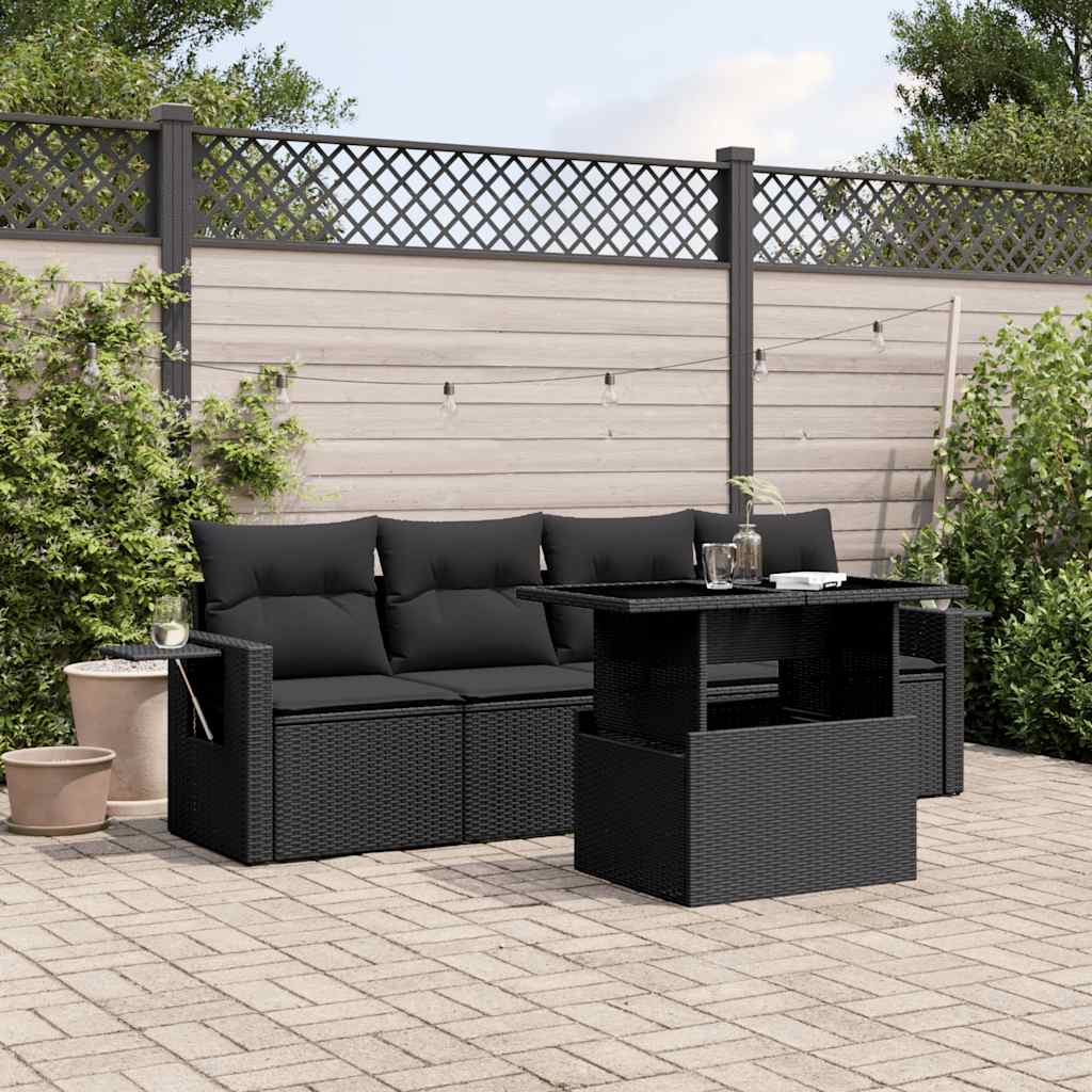 vidaXL 5 Piece Garden Sofa Set with Cushions Black Poly Rattan