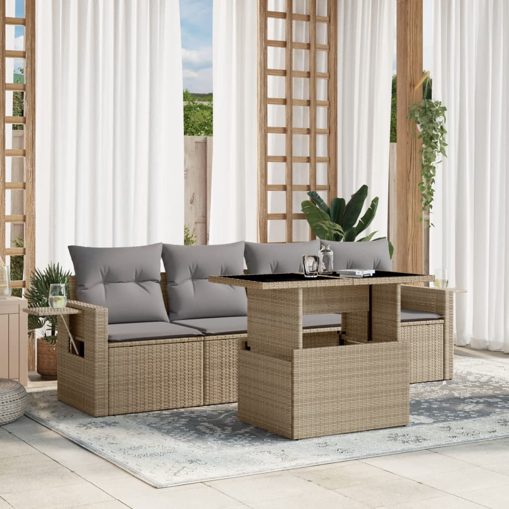 vidaXL 5 Piece Garden Sofa Set with Cushions Beige Poly Rattan