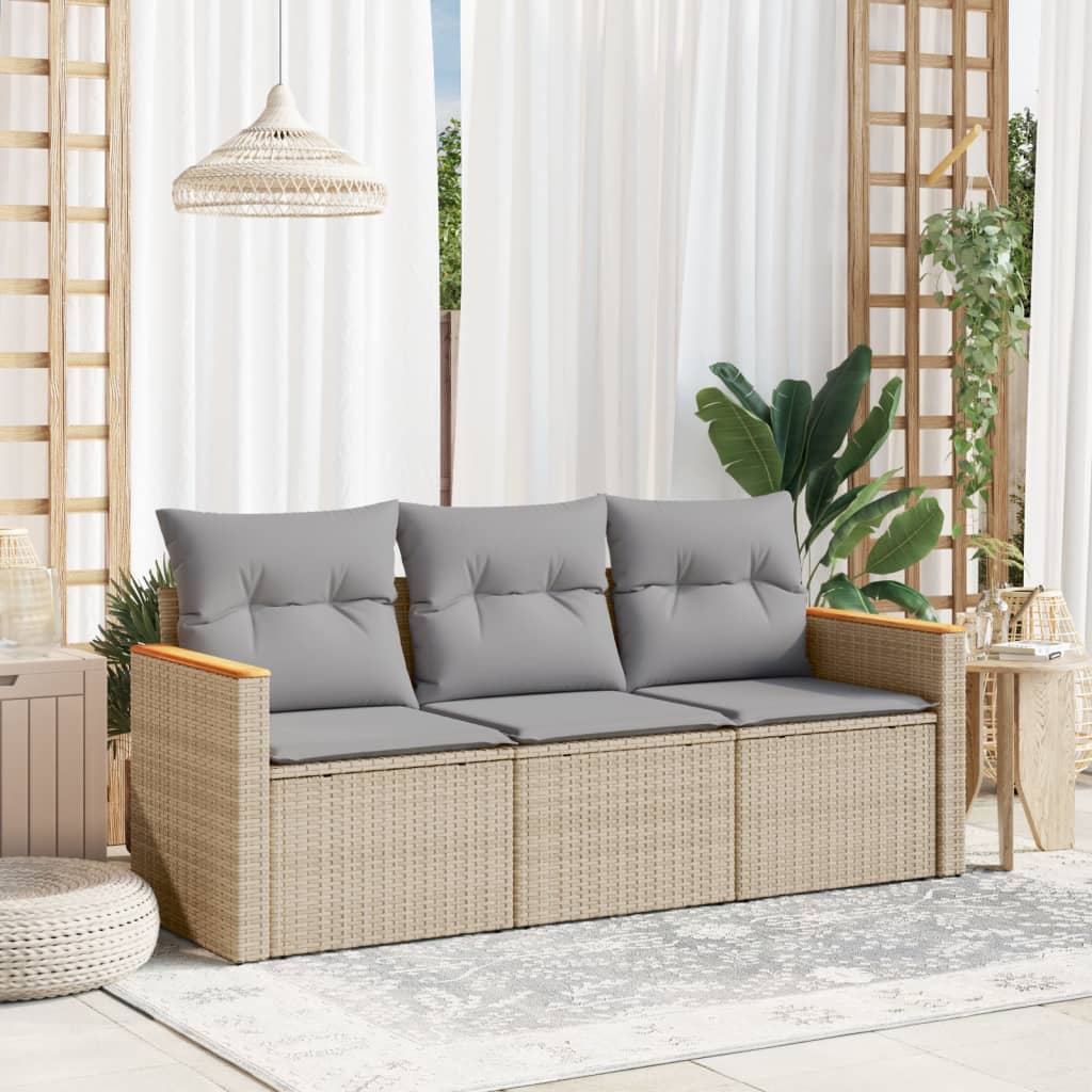 vidaXL 3 Piece Garden Sofa Set with Cushions Beige Poly Rattan