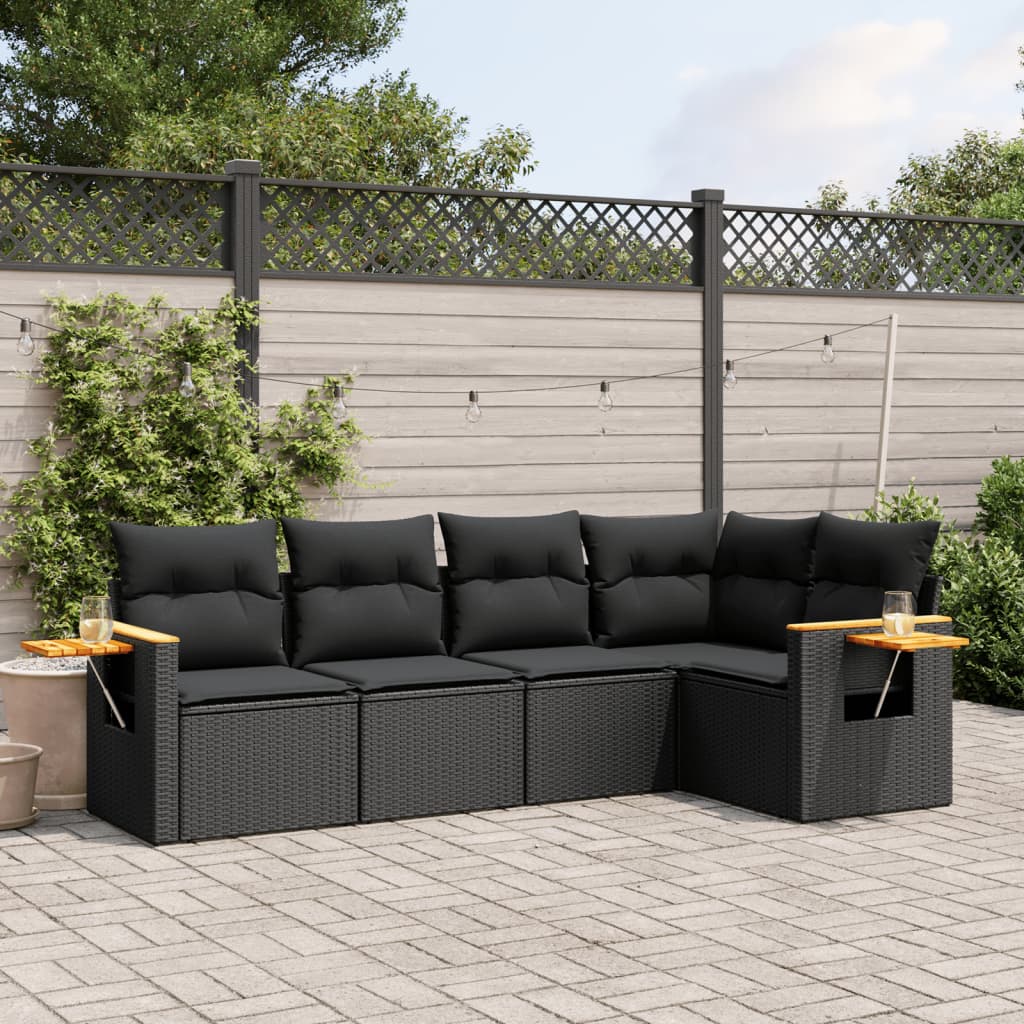 vidaXL 5 Piece Garden Sofa Set with Cushions Black Poly Rattan