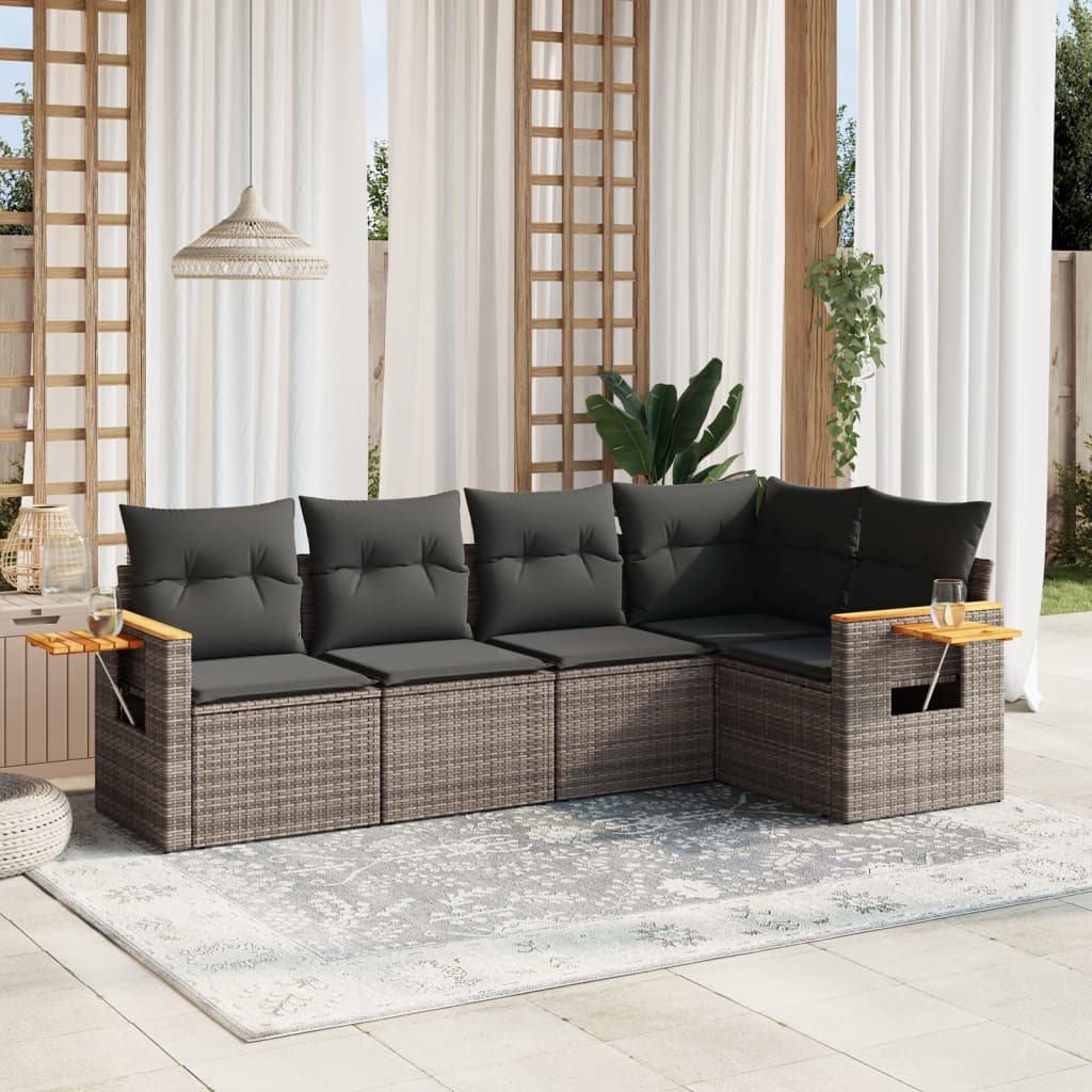 vidaXL 5 Piece Garden Sofa Set with Cushions Grey Poly Rattan