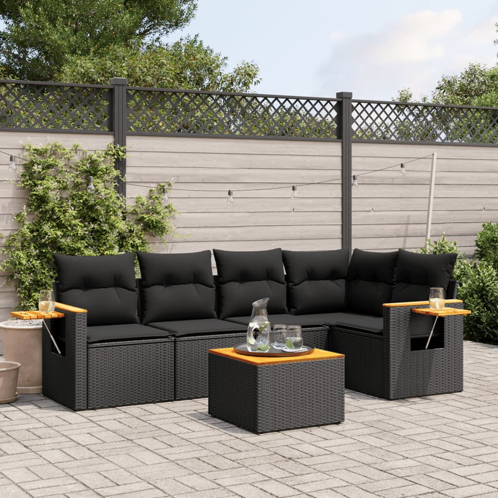 vidaXL 6 Piece Garden Sofa Set with Cushions Black Poly Rattan