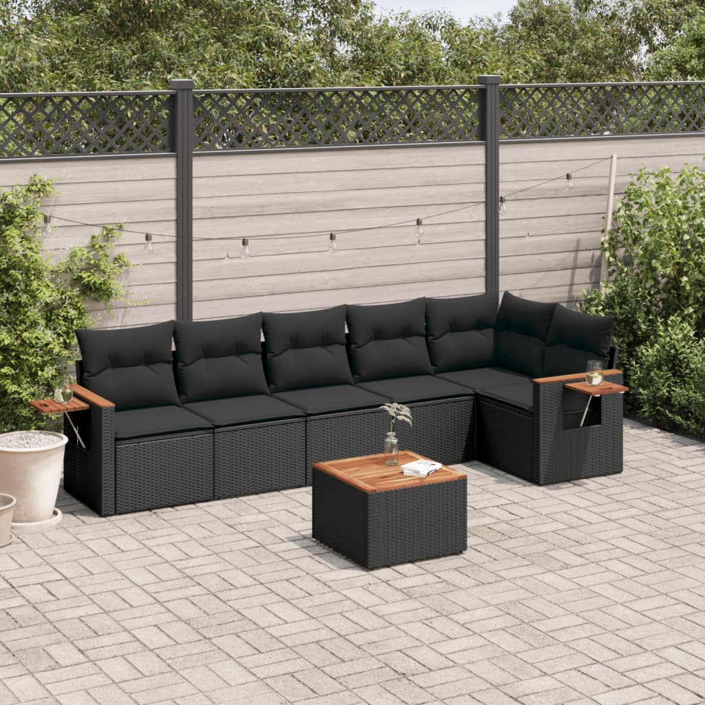 vidaXL 7 Piece Garden Sofa Set with Cushions Black Poly Rattan