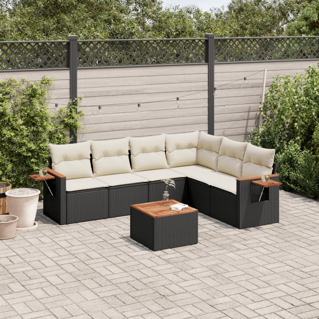 vidaXL 7 Piece Garden Sofa Set with Cushions Black Poly Rattan