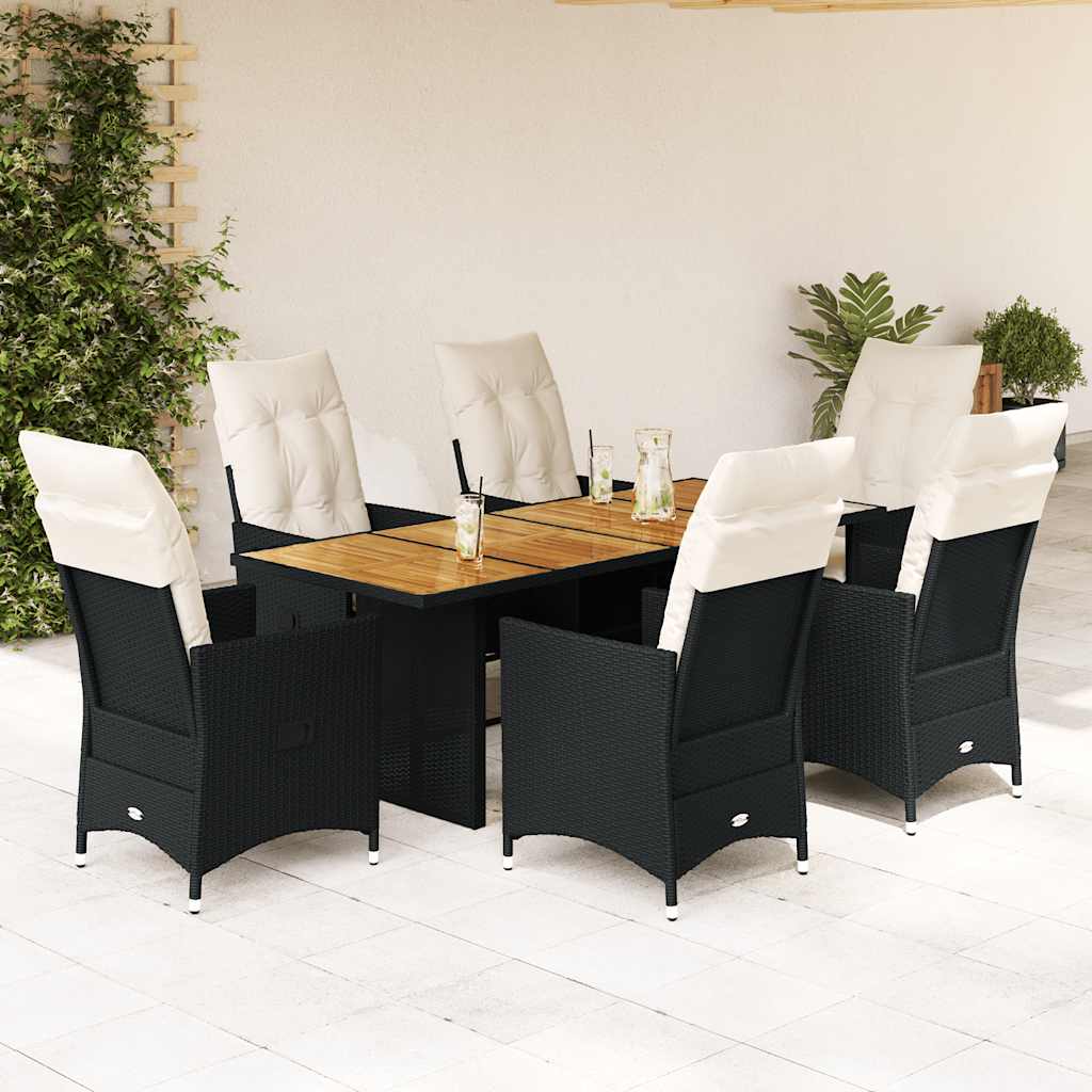 vidaXL 7 Piece Garden Dining Set with Cushions Black Poly Rattan