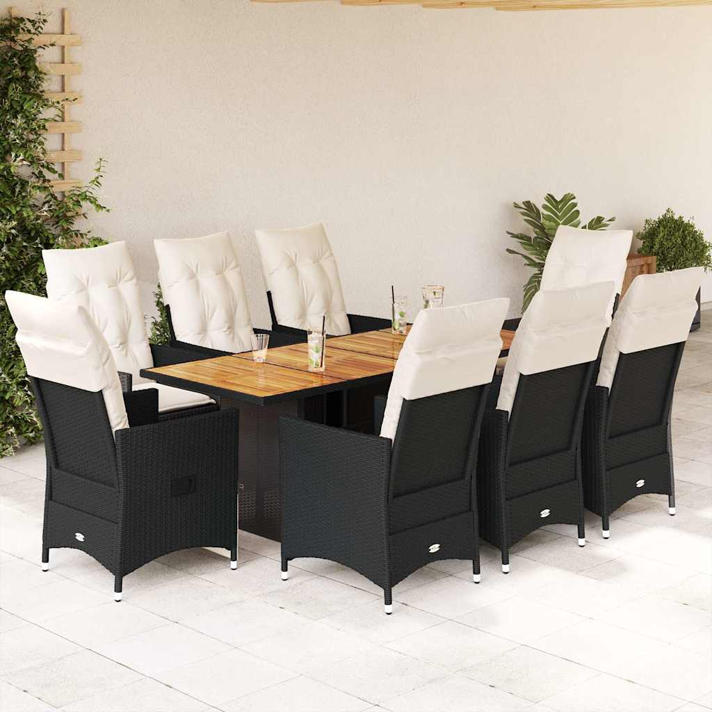 vidaXL 9 Piece Garden Dining Set with Cushions Black Poly Rattan