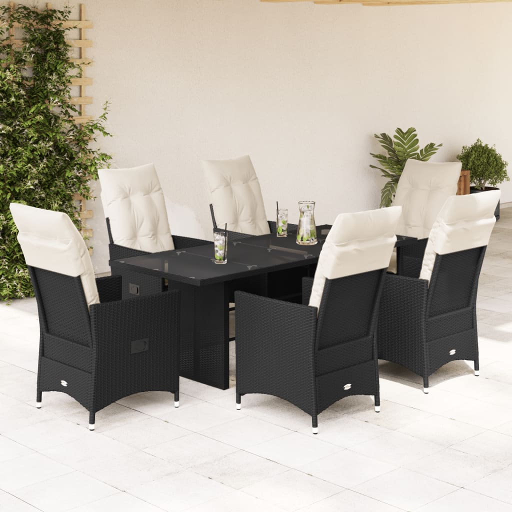 vidaXL 7 Piece Garden Dining Set with Cushions Black Poly Rattan