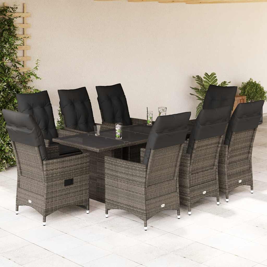 vidaXL 9 Piece Garden Dining Set with Cushions Grey Poly Rattan