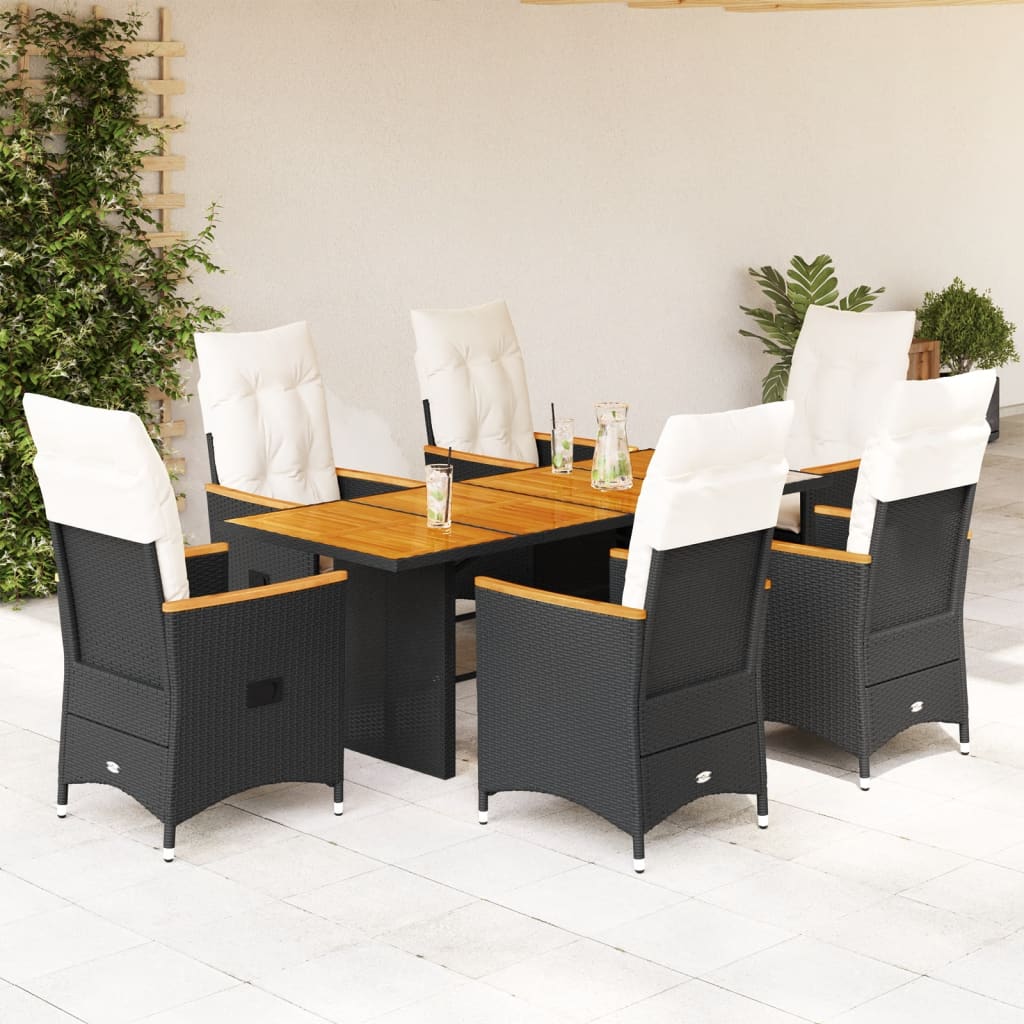 vidaXL 7 Piece Garden Dining Set with Cushions Black Poly Rattan