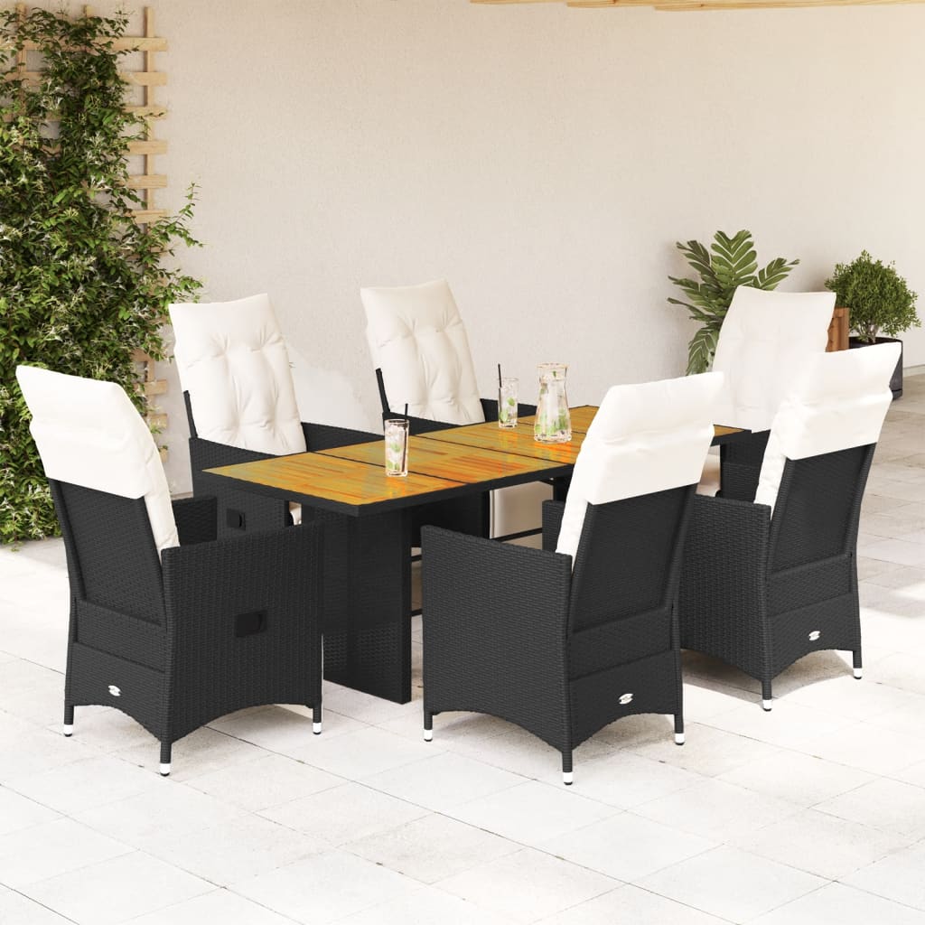 vidaXL 7 Piece Garden Dining Set with Cushions Black Poly Rattan