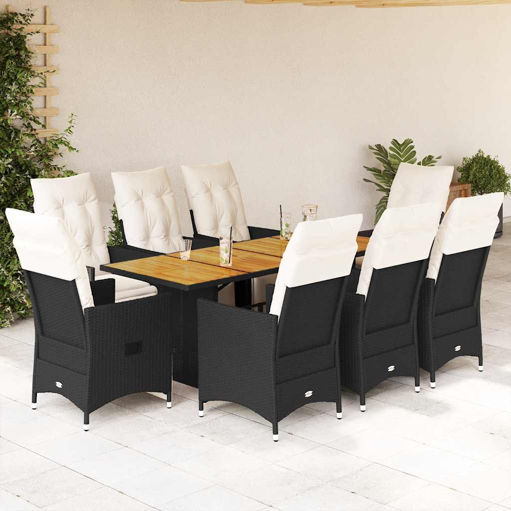 vidaXL 9 Piece Garden Dining Set with Cushions Black Poly Rattan