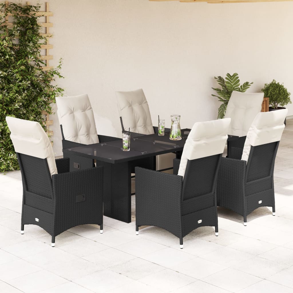 vidaXL 7 Piece Garden Dining Set with Cushions Black Poly Rattan