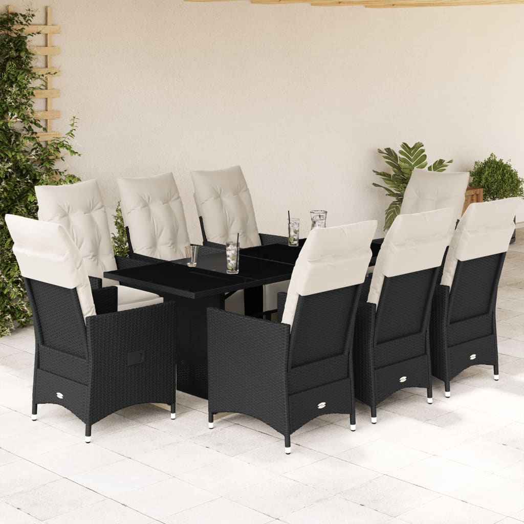 vidaXL 9 Piece Garden Dining Set with Cushions Black Poly Rattan