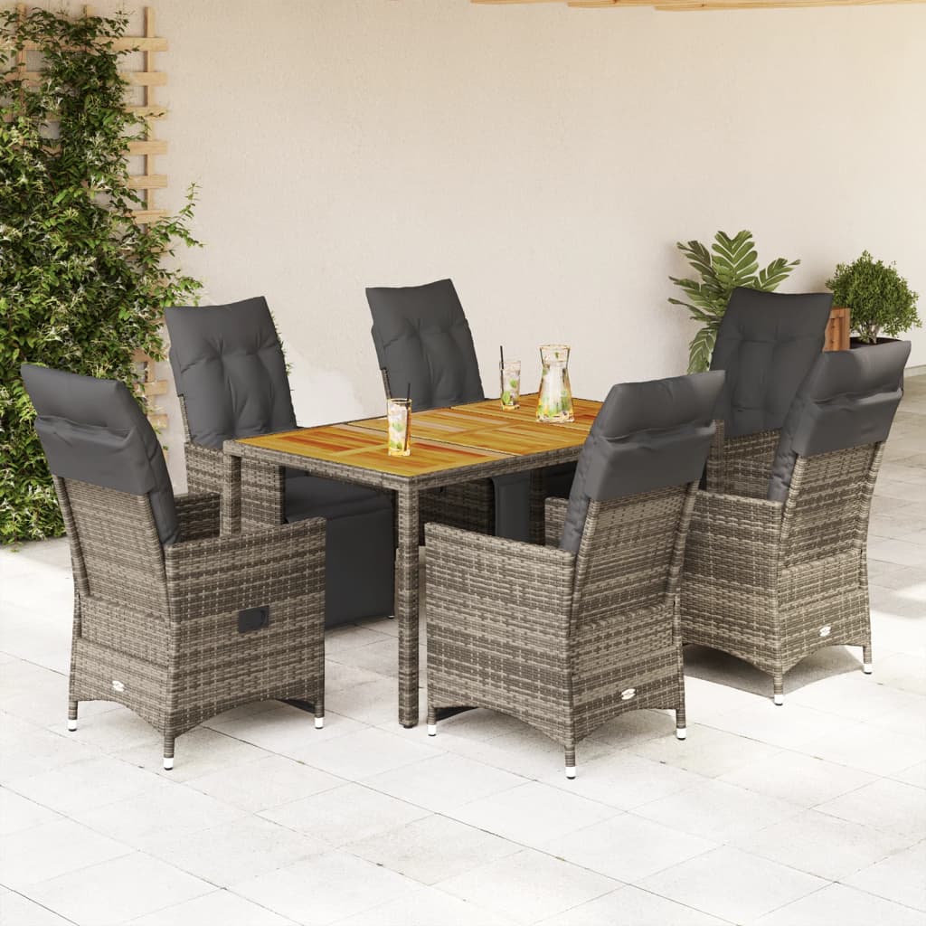 vidaXL 7 Piece Garden Bistro Set with Cushions Grey Poly Rattan