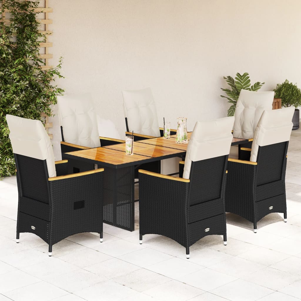 vidaXL 7 Piece Garden Bistro Set with Cushions Black Poly Rattan