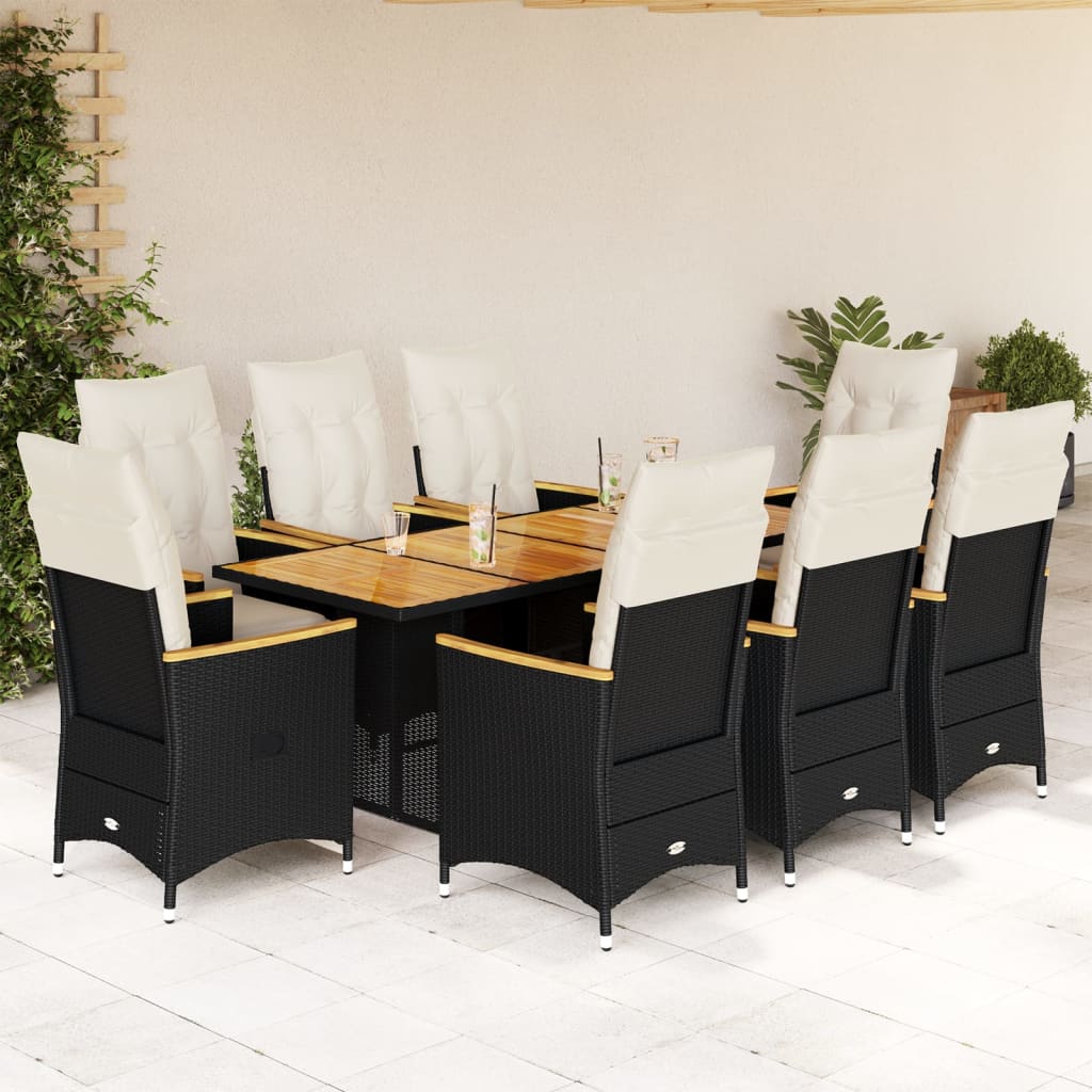 vidaXL 9 Piece Garden Bistro Set with Cushions Black Poly Rattan