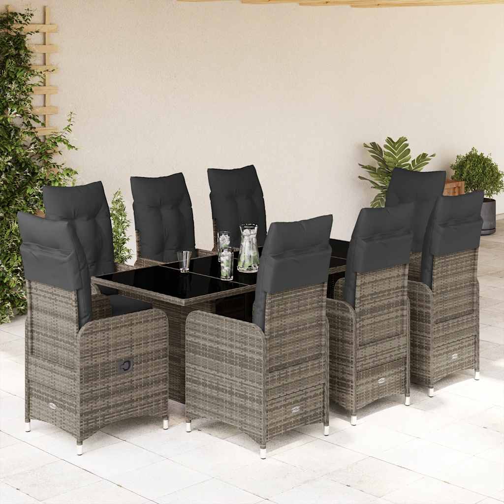 vidaXL 9 Piece Garden Bistro Set with Cushions Grey Poly Rattan