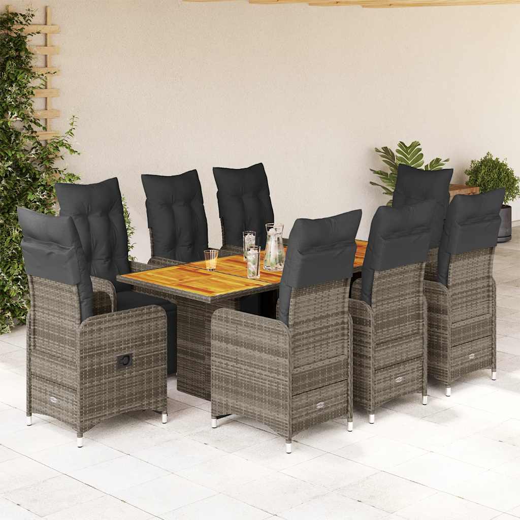 vidaXL 9 Piece Garden Bistro Set with Cushions Grey Poly Rattan