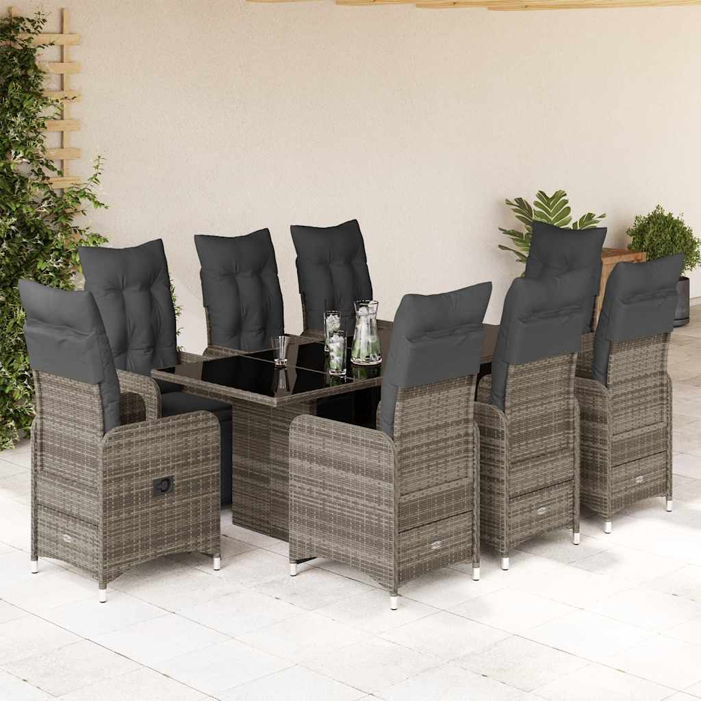 vidaXL 9 Piece Garden Bistro Set with Cushions Grey Poly Rattan