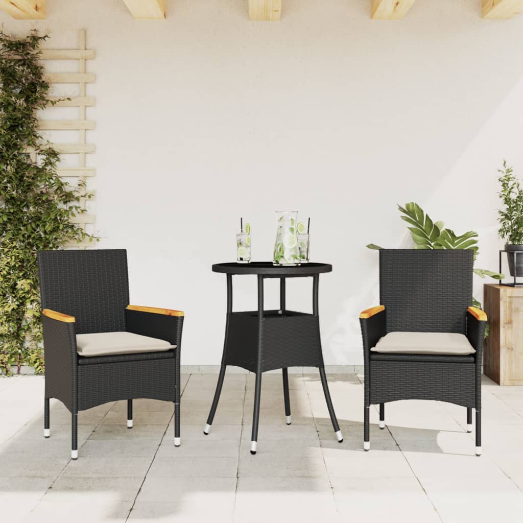vidaXL 3 Piece Garden Dining Set with Cushions Black Poly Rattan and Glass