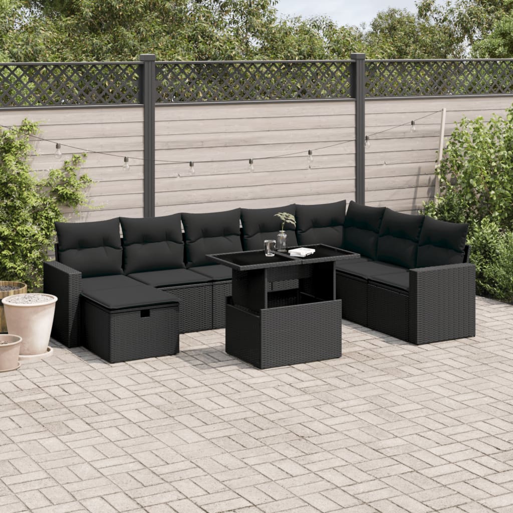 8721102537790_m_en_hd_1 vidaXL 9 Piece Garden Sofa Set with Cushions Black Poly Rattan - Image 1
