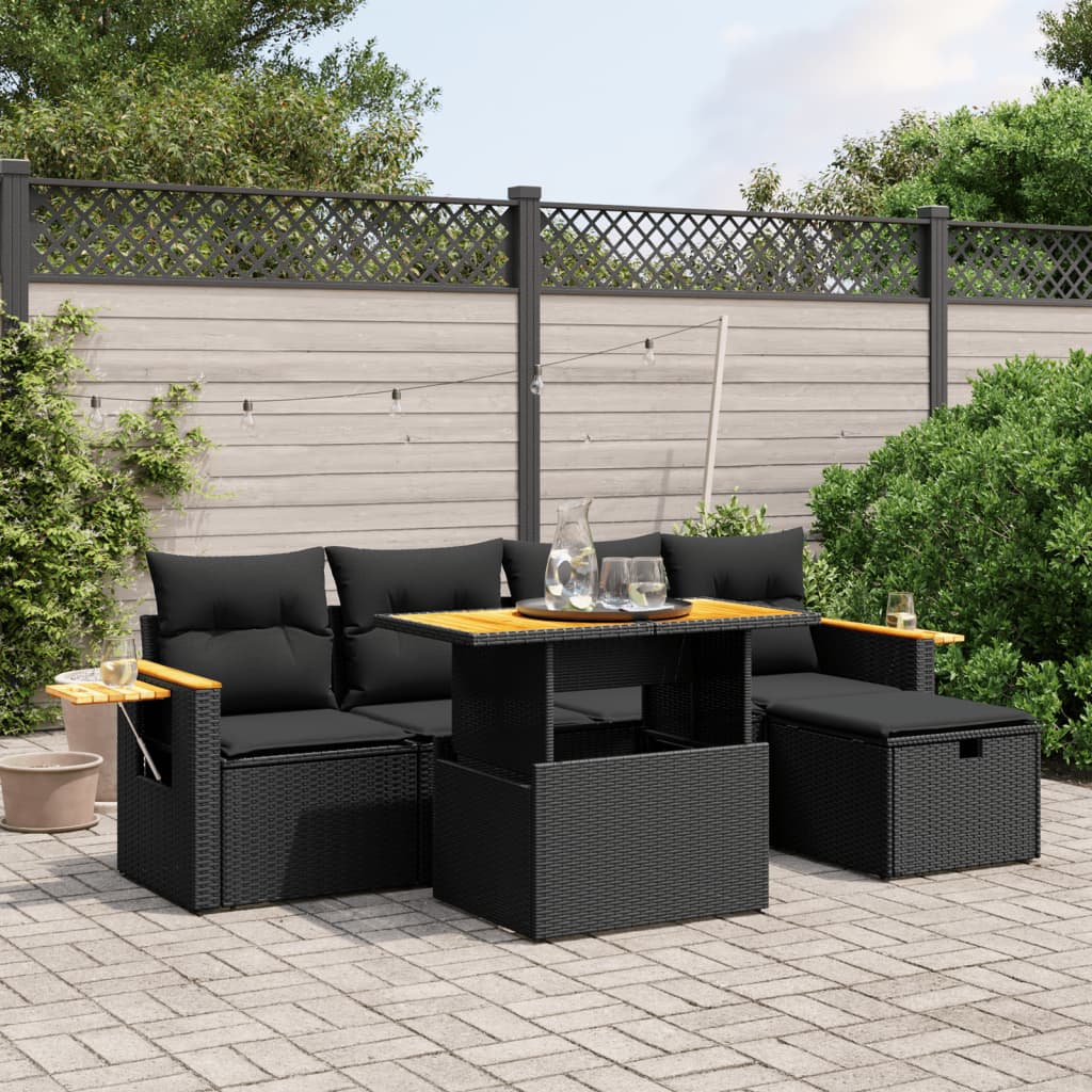 vidaXL 6 Piece Garden Sofa Set with Cushions Black Poly Rattan
