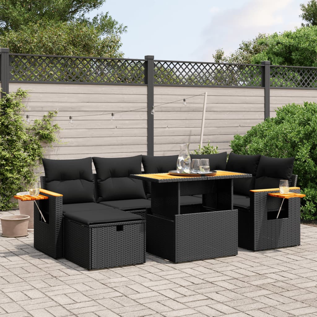 vidaXL 7 Piece Garden Sofa Set with Cushions Black Poly Rattan