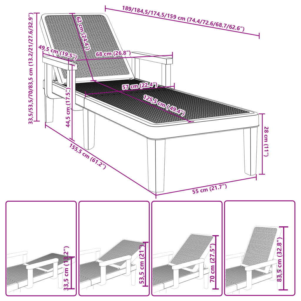 8721102554346_g_en_hd_10 vidaXL 4-Way Height Adjustable Sun Lounger 155.5x57x28 cm Polypropylene - Image 12