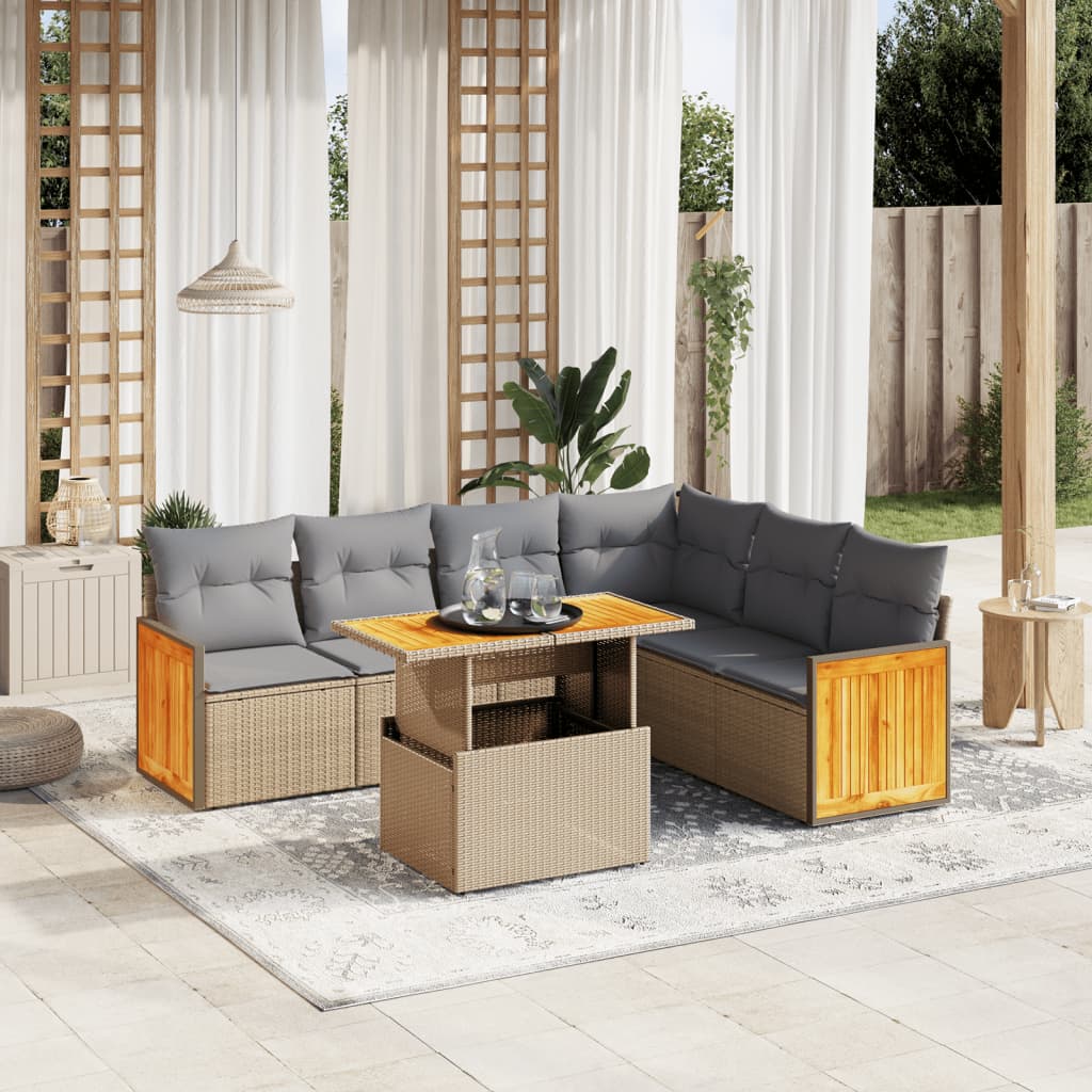 vidaXL 7 Piece Garden Sofa Set with Cushions Beige Poly Rattan