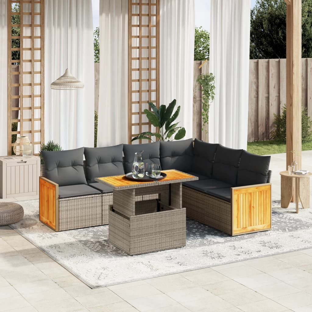 vidaXL 7 Piece Garden Sofa Set with Cushions Grey Poly Rattan