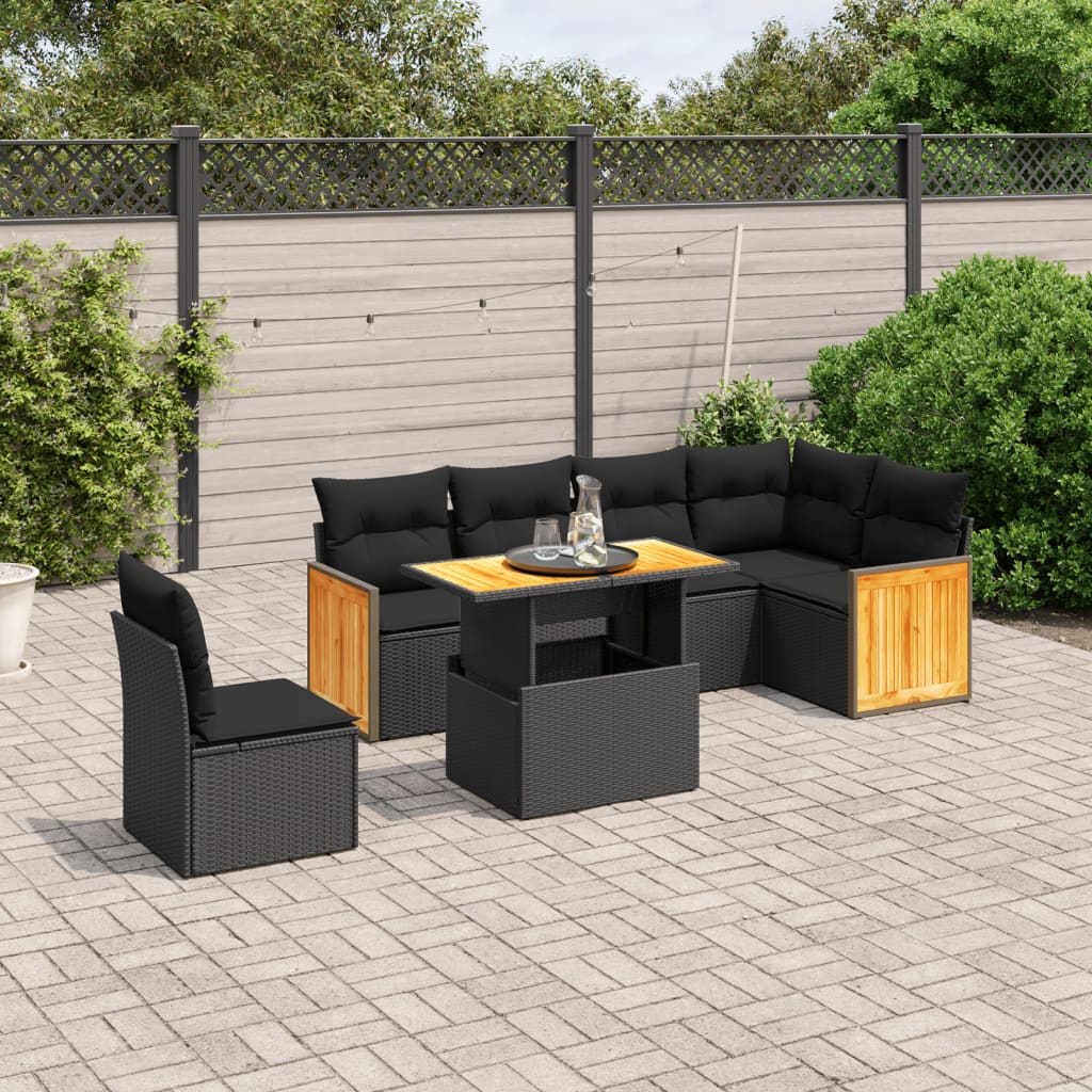 vidaXL 7 Piece Garden Sofa Set with Cushions Black Poly Rattan