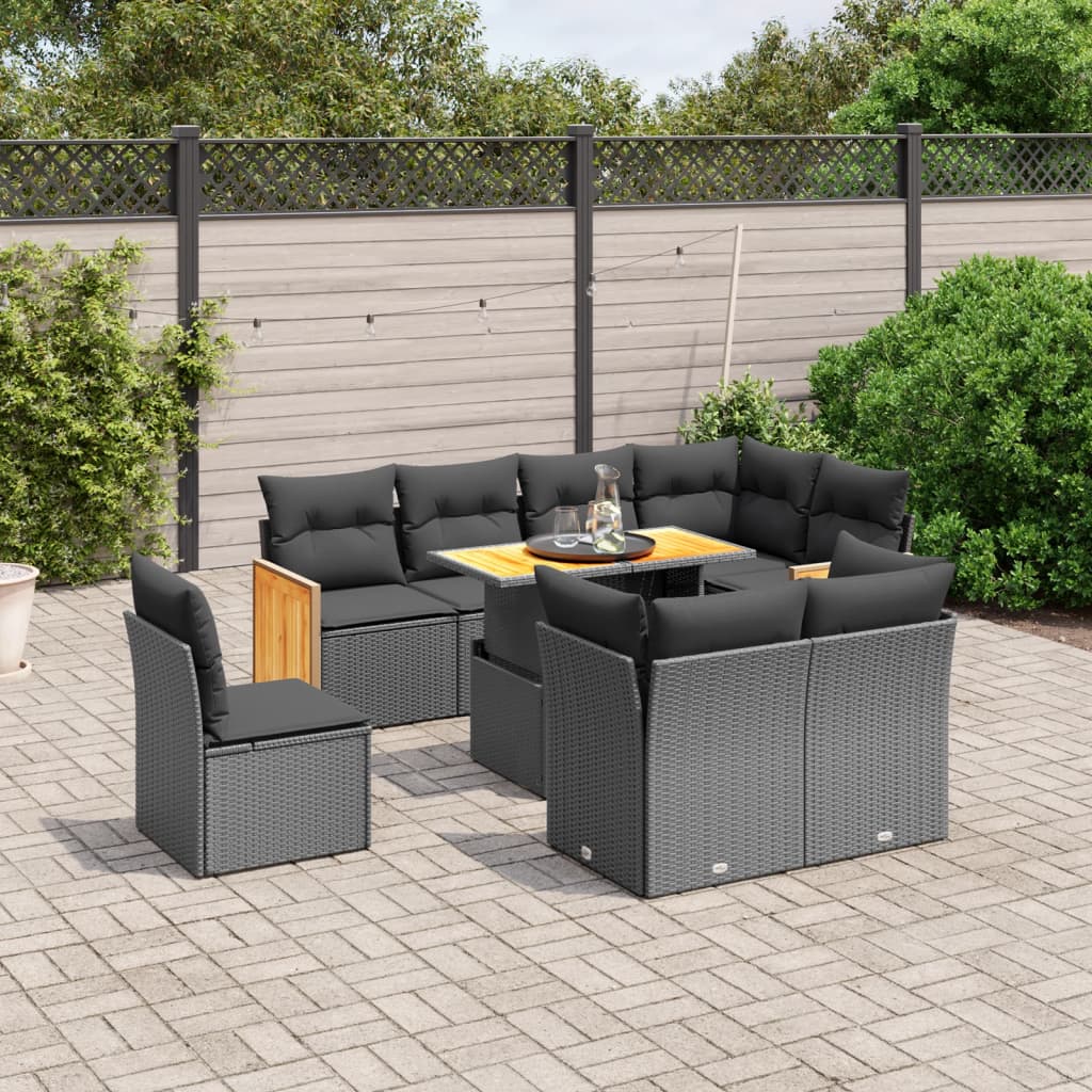vidaXL 9 Piece Garden Sofa Set with Cushions Black Poly Rattan