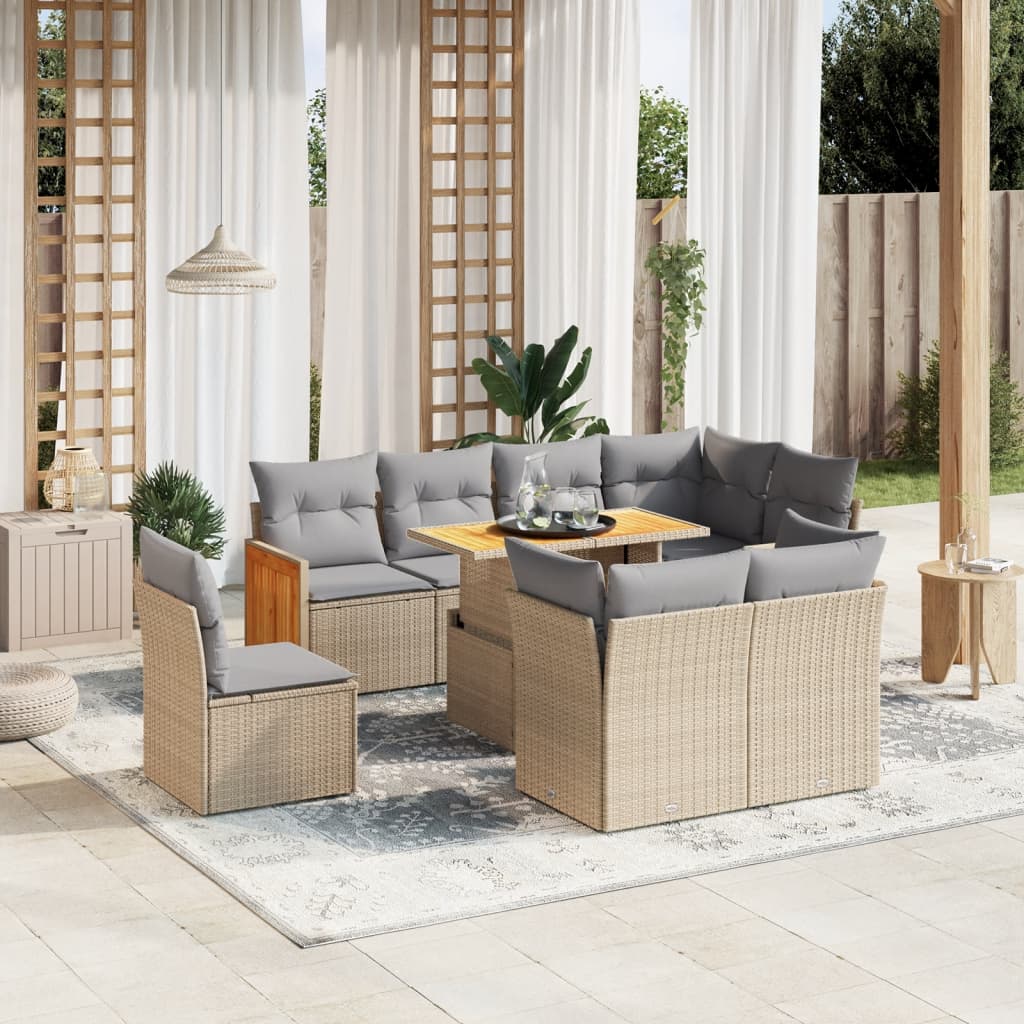 vidaXL 9 Piece Garden Sofa Set with Cushions Beige Poly Rattan