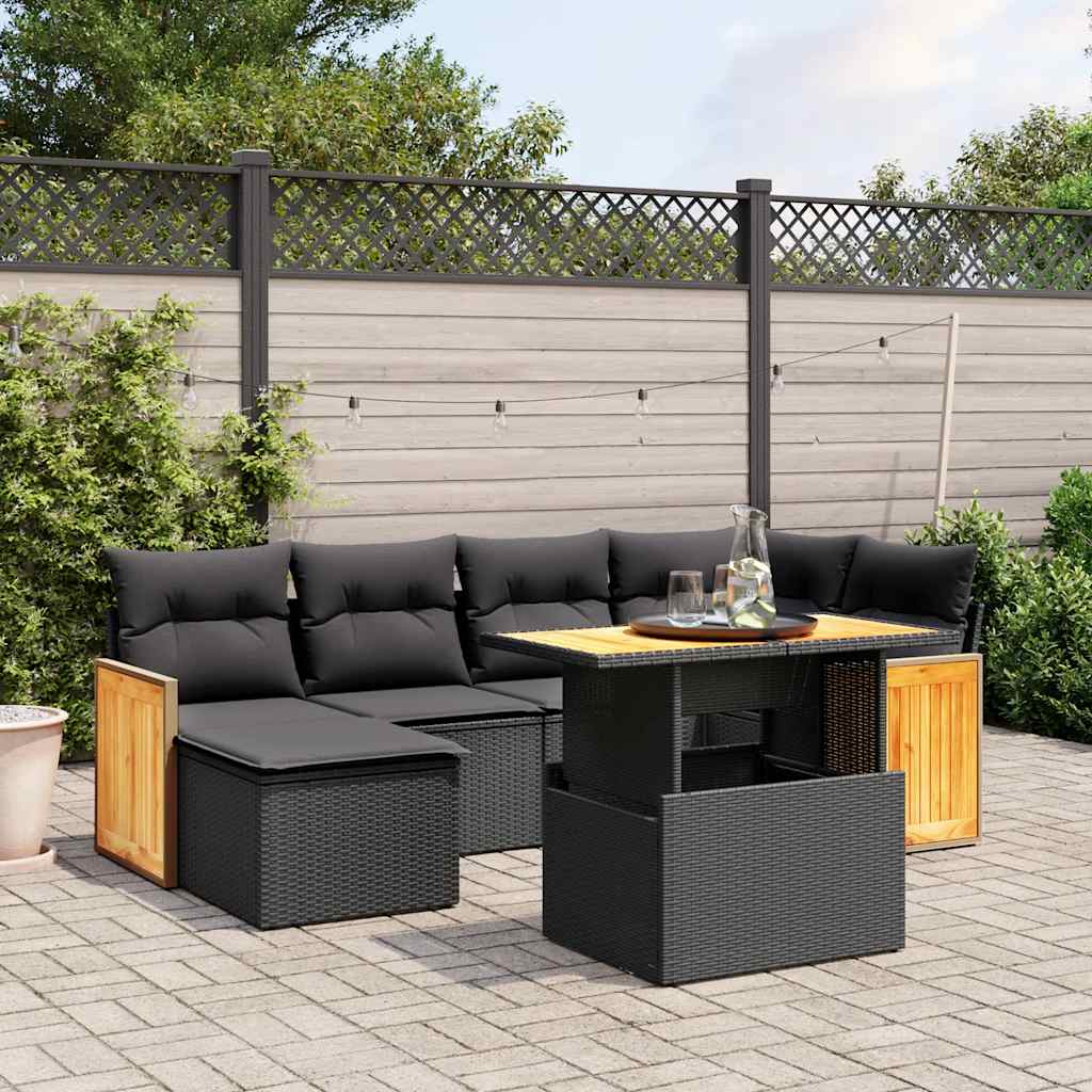 vidaXL 7 Piece Garden Sofa Set with Cushions Black Poly Rattan