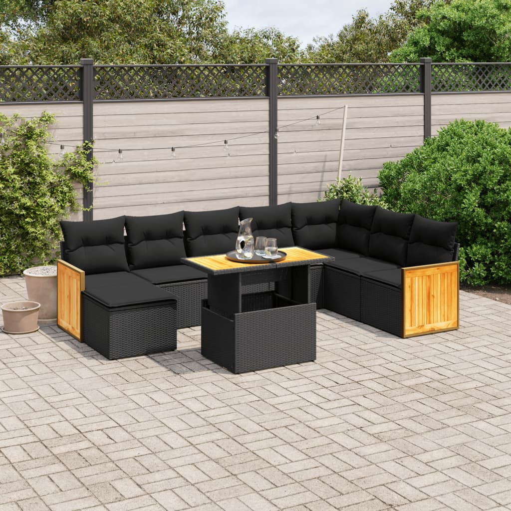 vidaXL 9 Piece Garden Sofa Set with Cushions Black Poly Rattan